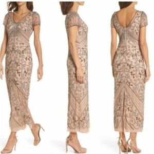 Pisarro Nights Beige Embroidered Maxy Dress 6P